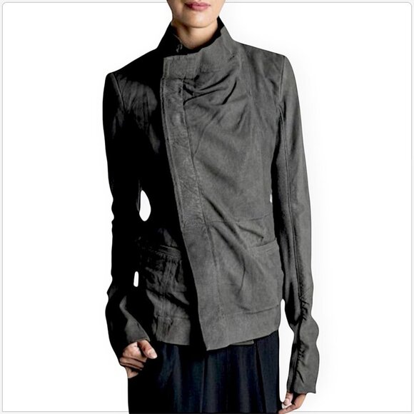 Rick Owens Eileen Lamb Leather Jacket Darkdust Gray High Neck Button NWT NEW 40 - Picture 1 of 8